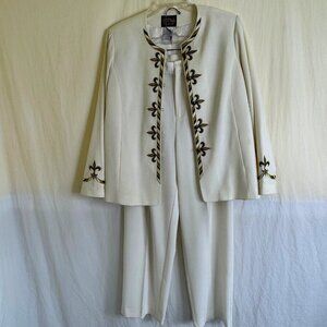 Bob Mackie Wearable Art Jacket & Pant Set Women's Size L Off White Embroidered